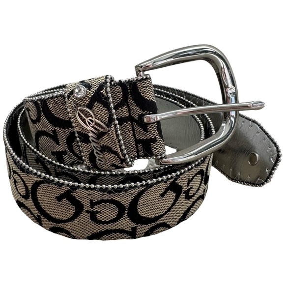GUESS Logo Print Belt with Silver Buckle – Size Large - Picture 1 of 8